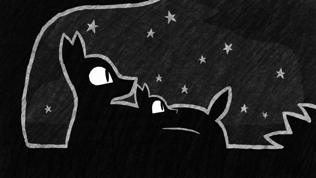 Doe and fawn lying beside tree.