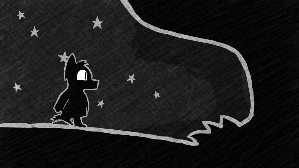 Wolf cub running down hill towards trees.