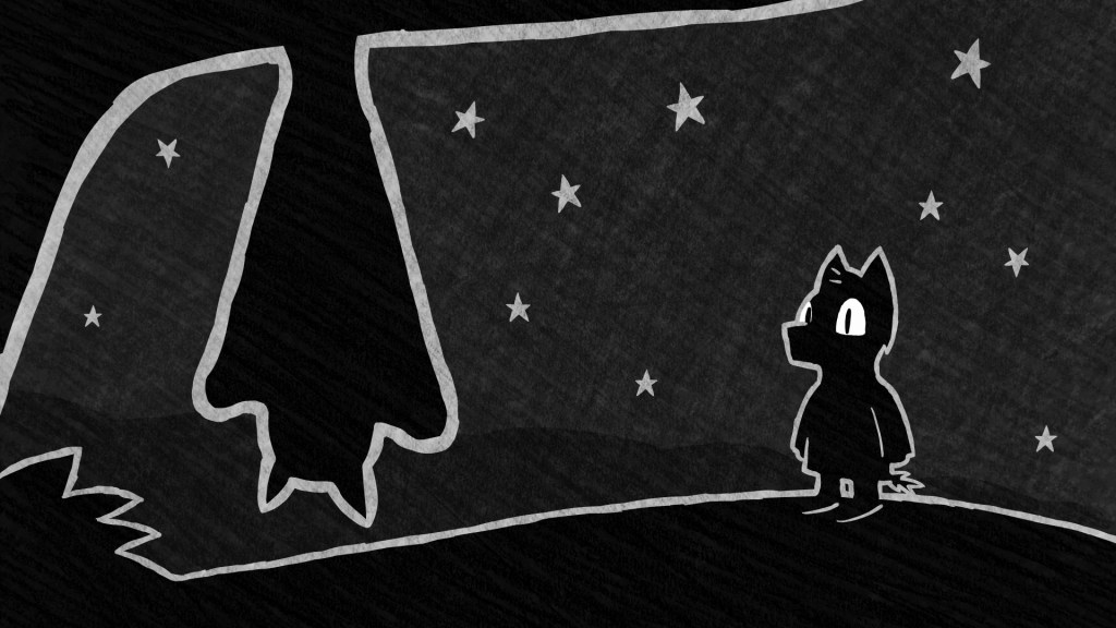 Wolf cub looking up at hanging bat.