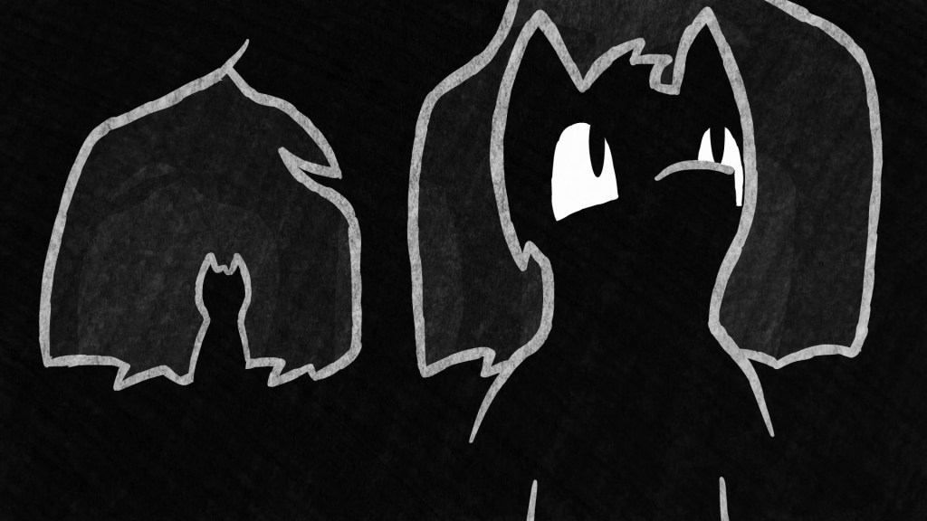 Wolf cub gazing upward; shadowed figure in background.