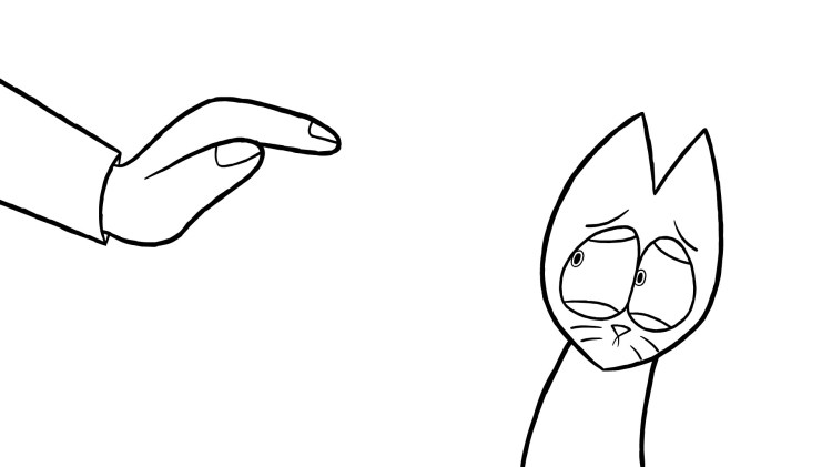 Cartoon cat leaning away from a hand.