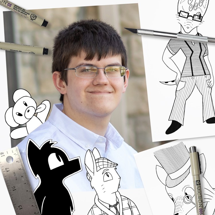 Photo of the artist surrounded by doodles.