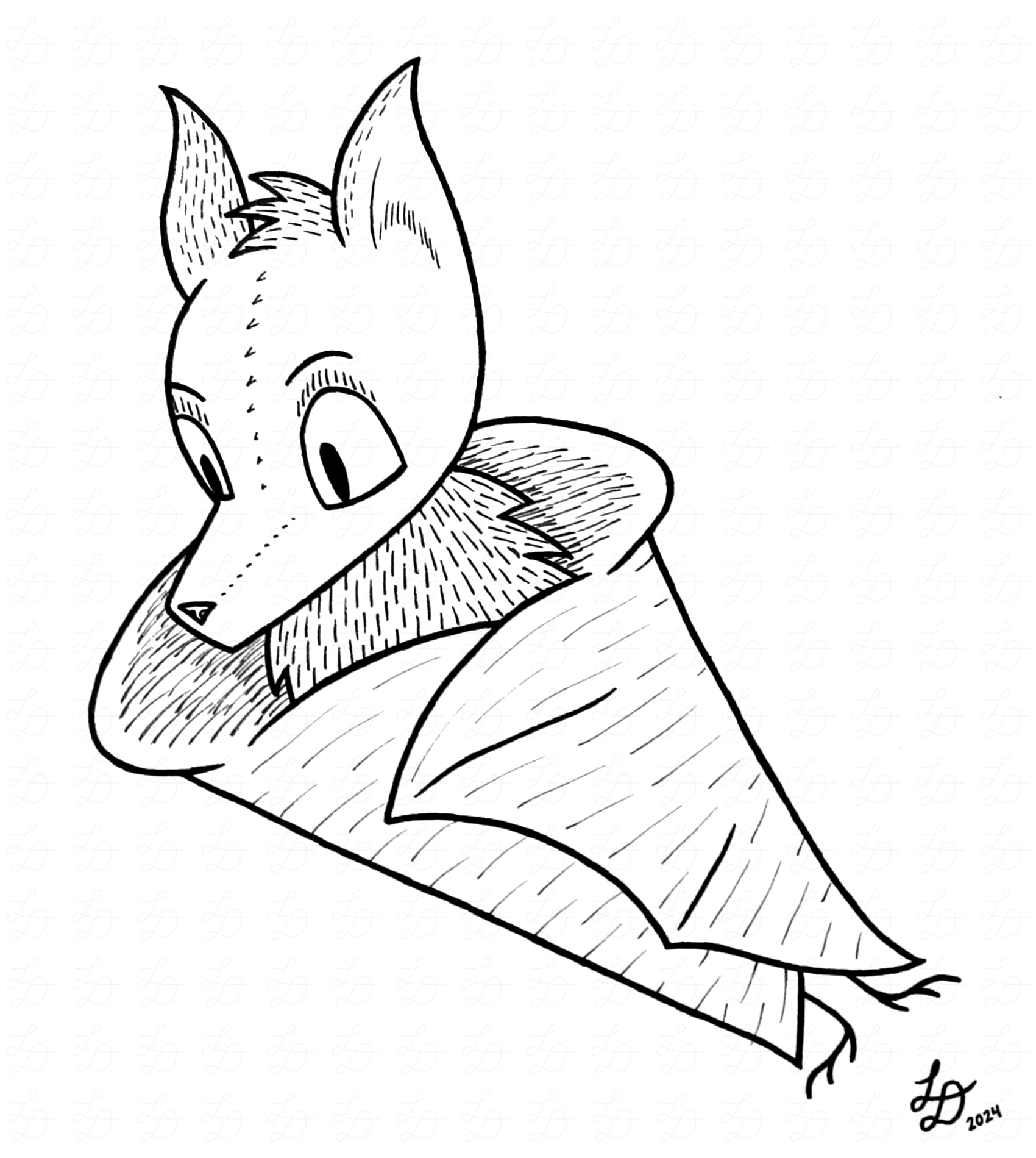 Ink drawing of a bat with wings wrapped around itself.