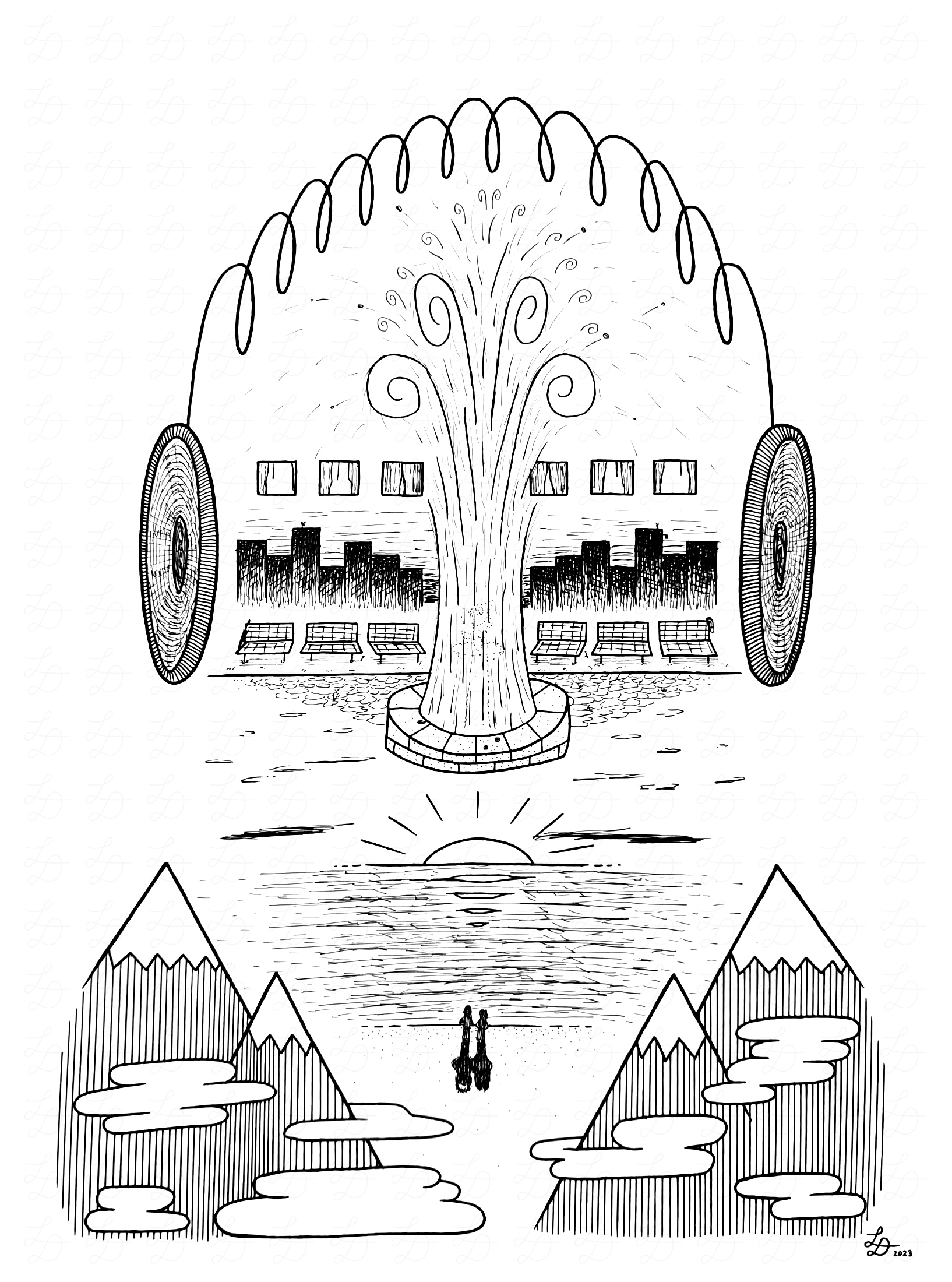 Ink drawing of fountain, beach, and mountains in the shape of a face.