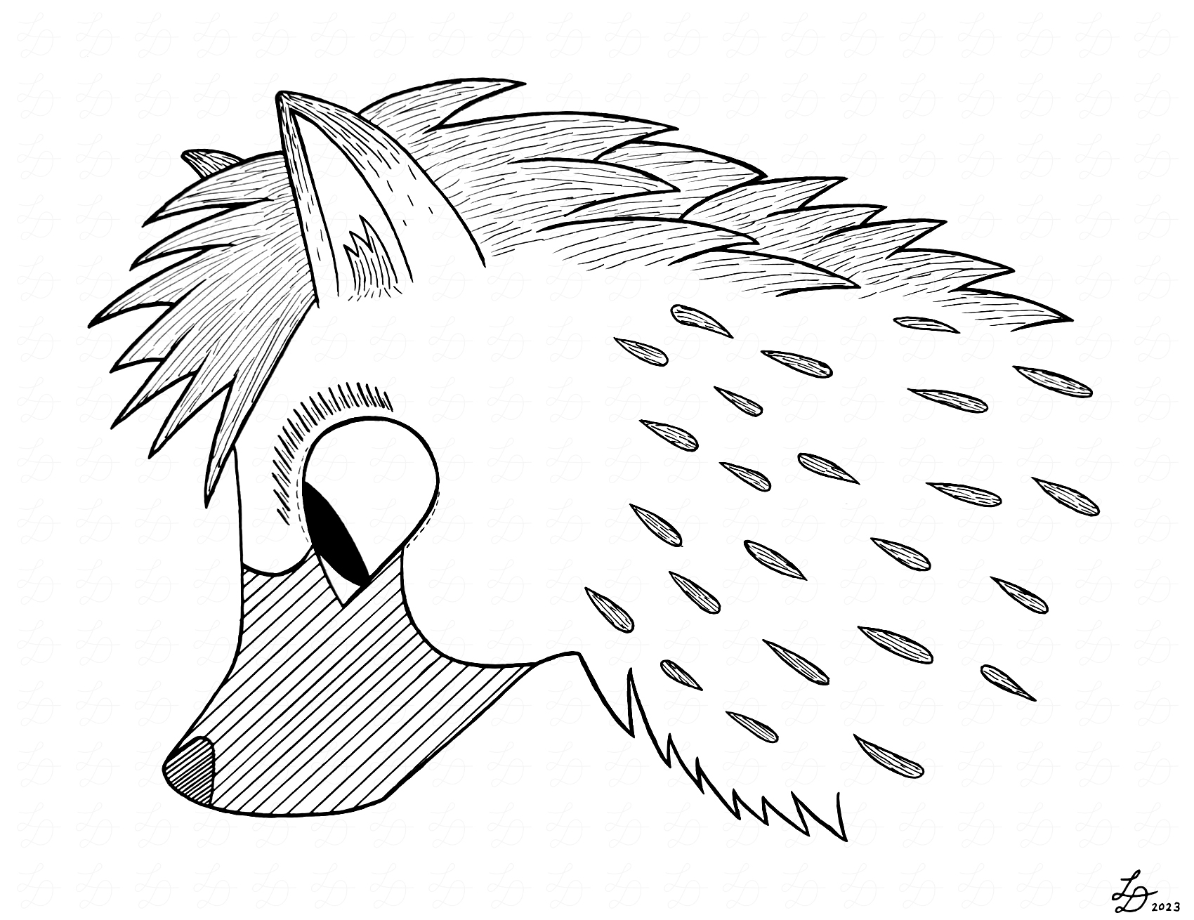 Ink drawing of hyena head in profile.