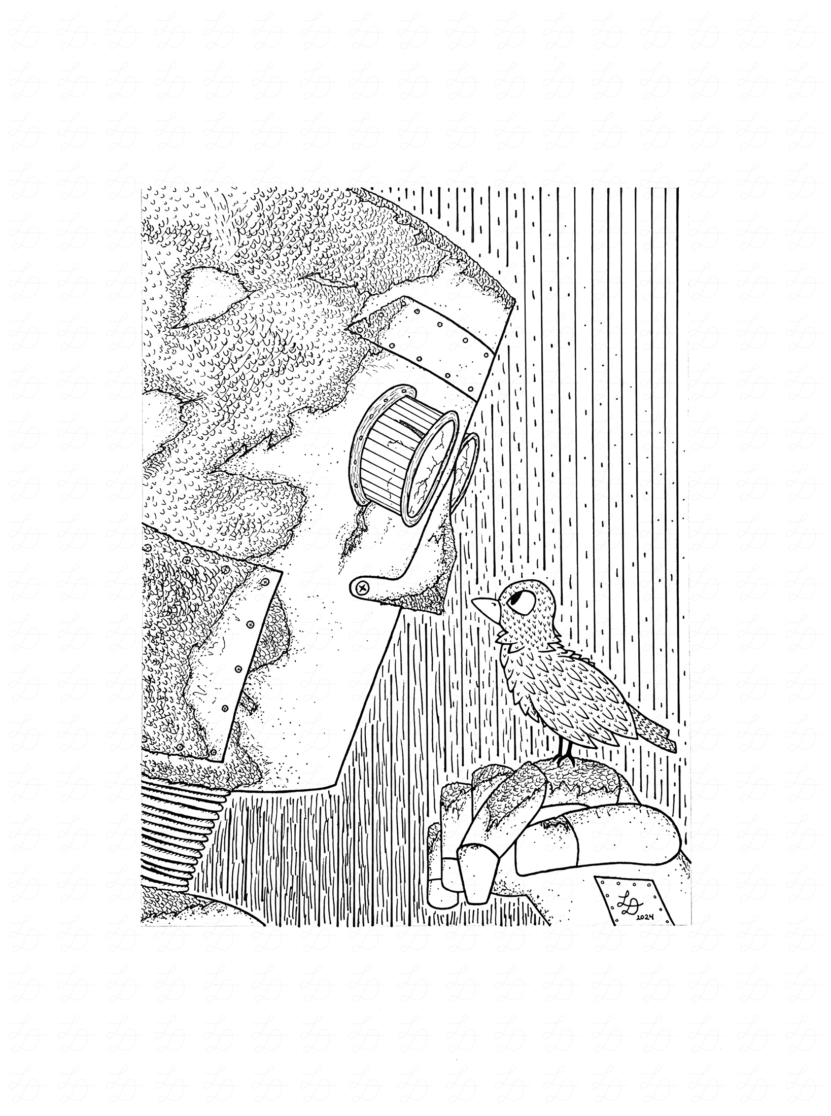 Ink drawing of a rusted robot with bird perched on finger.