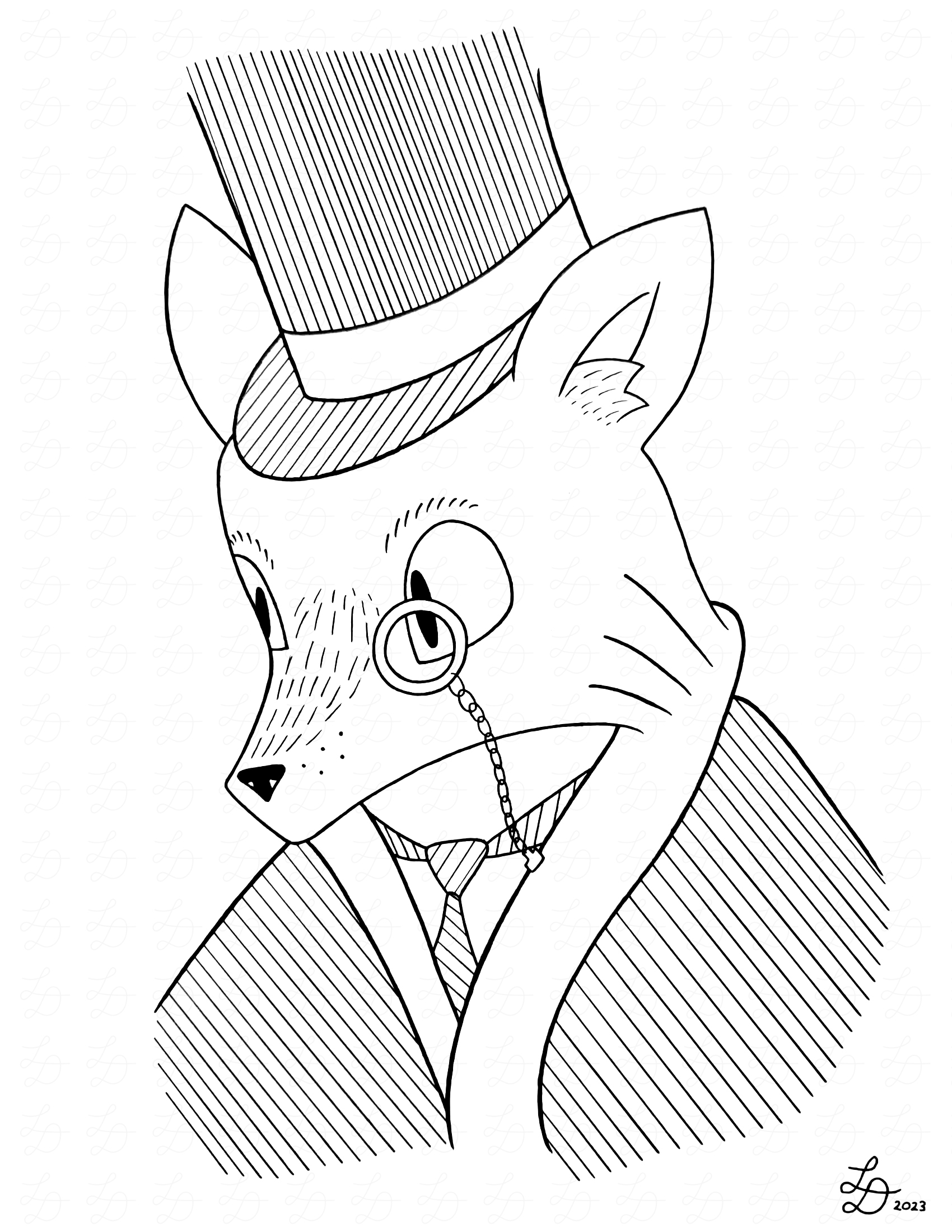 Ink drawing of a fox in top hat and monacle.