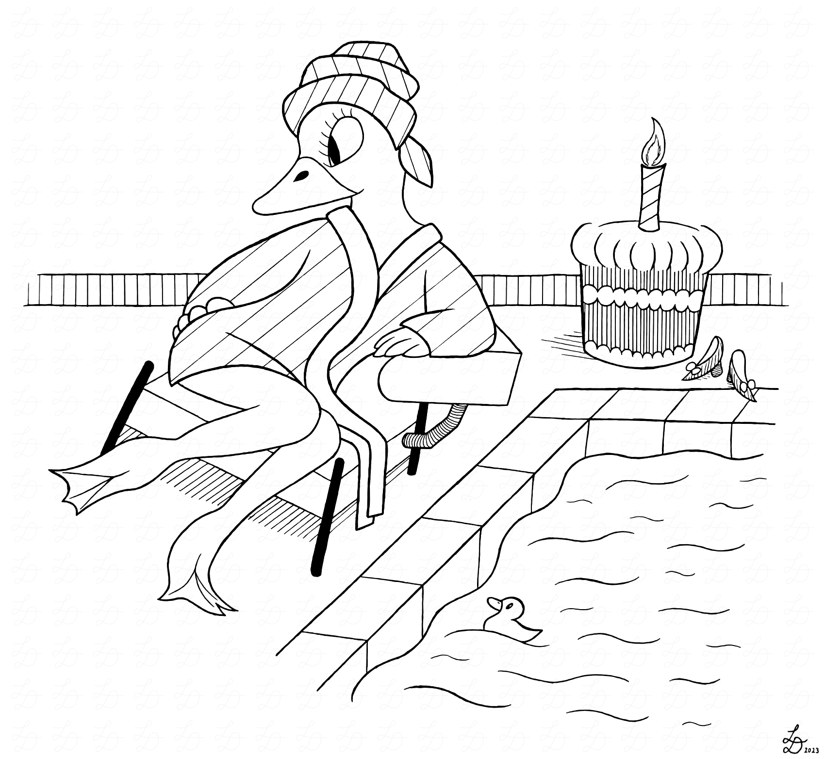 Ink drawing of duck lady sitting beside pool, cake in background.
