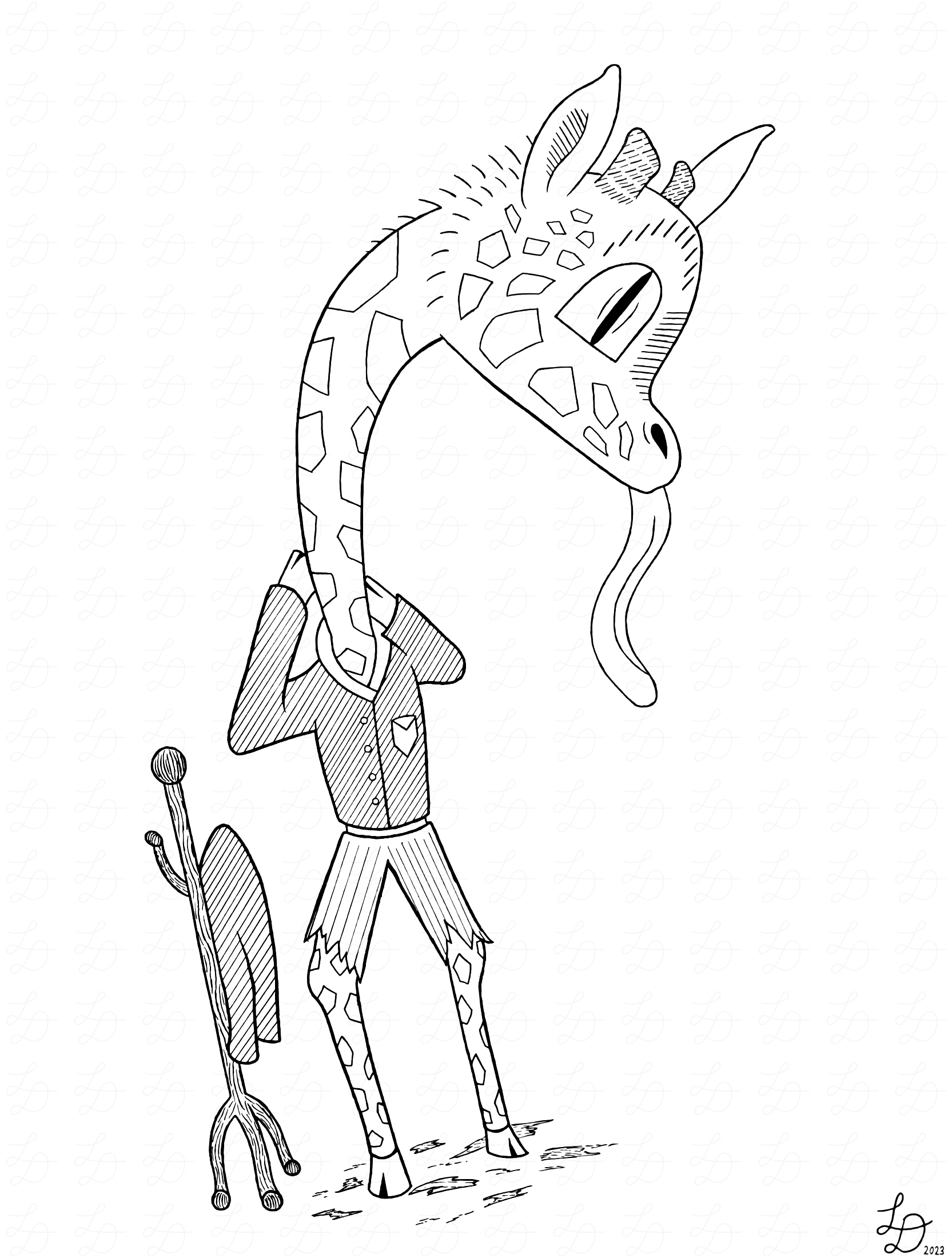 Ink drawing of a businessman turning into a giraffe. (Imagine that.)