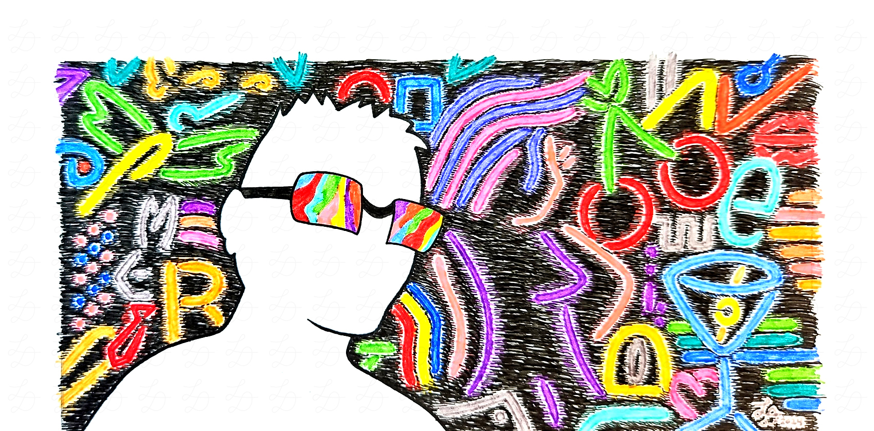 Ink drawing of a silhouetted man in front of colorful neon signs.