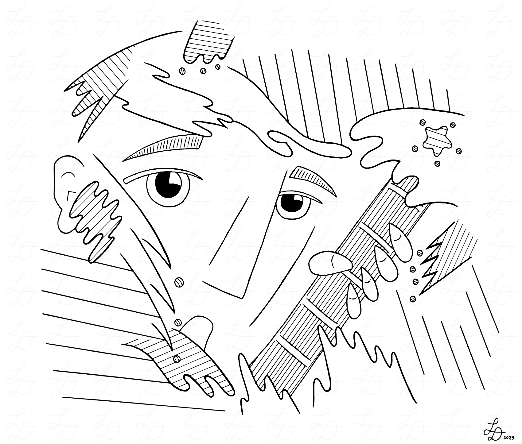 Ink drawing of man's face next to neck of guitar.