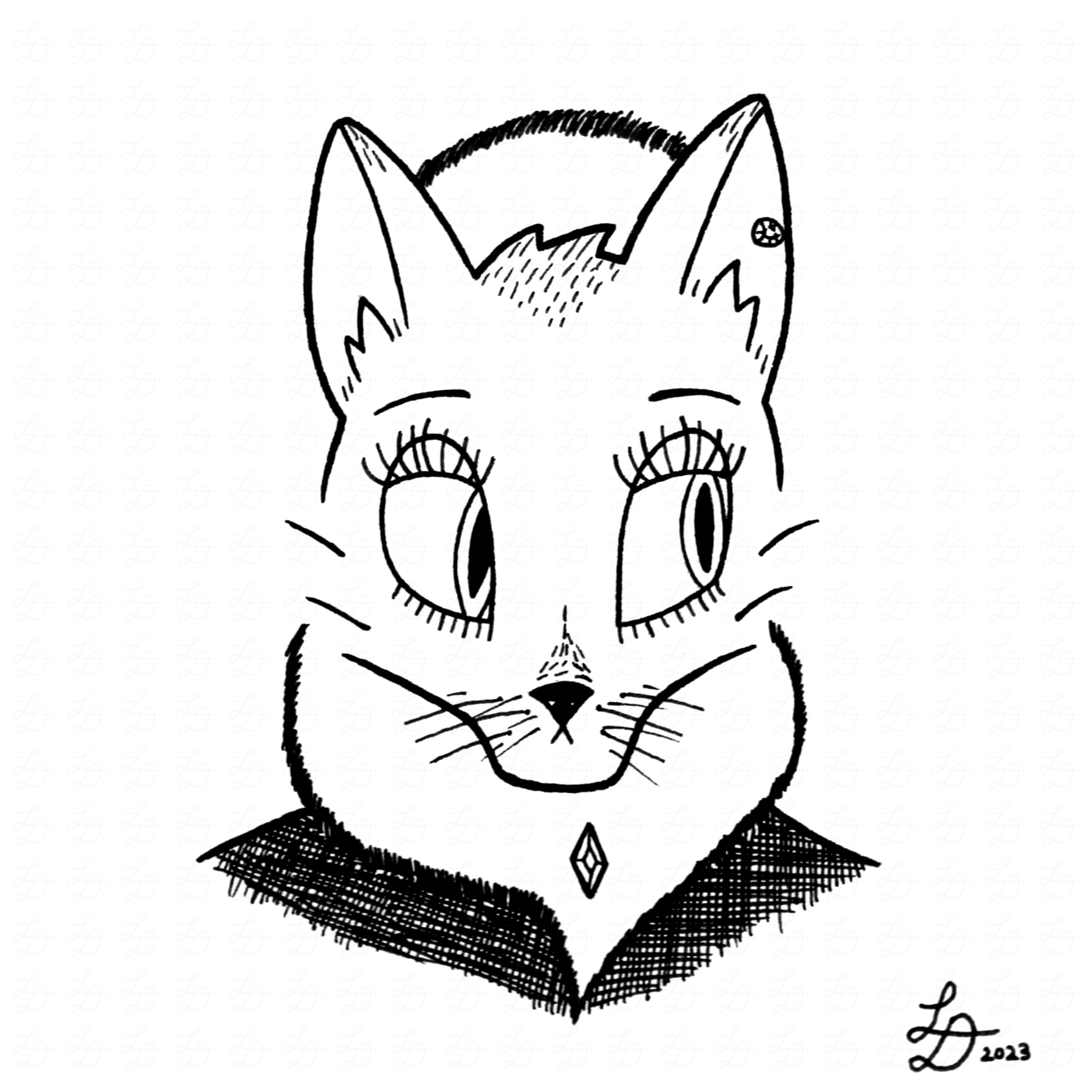 Ink drawing of feline lady in fur coat and hat.