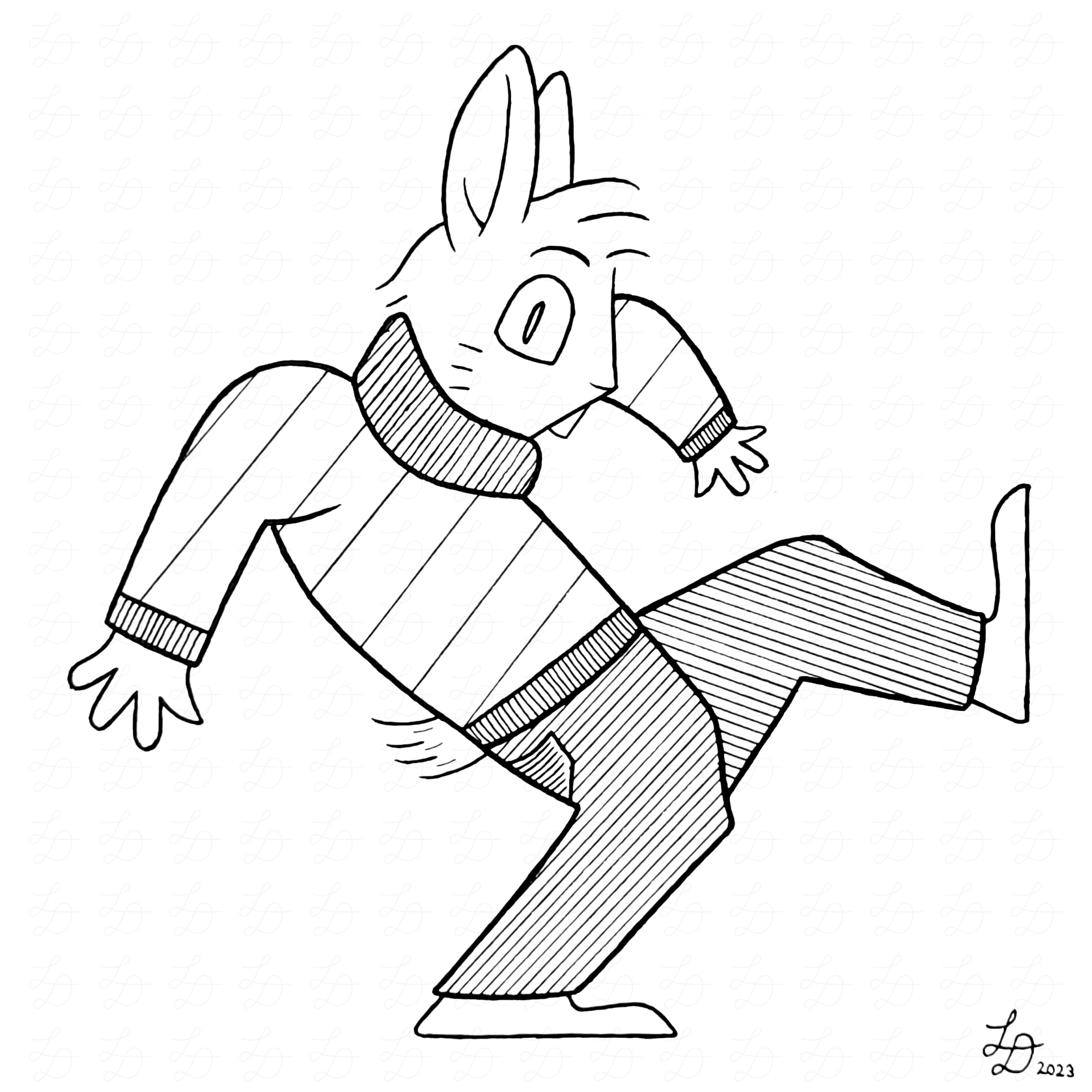 Ink drawing of a rabbit sneaking away.