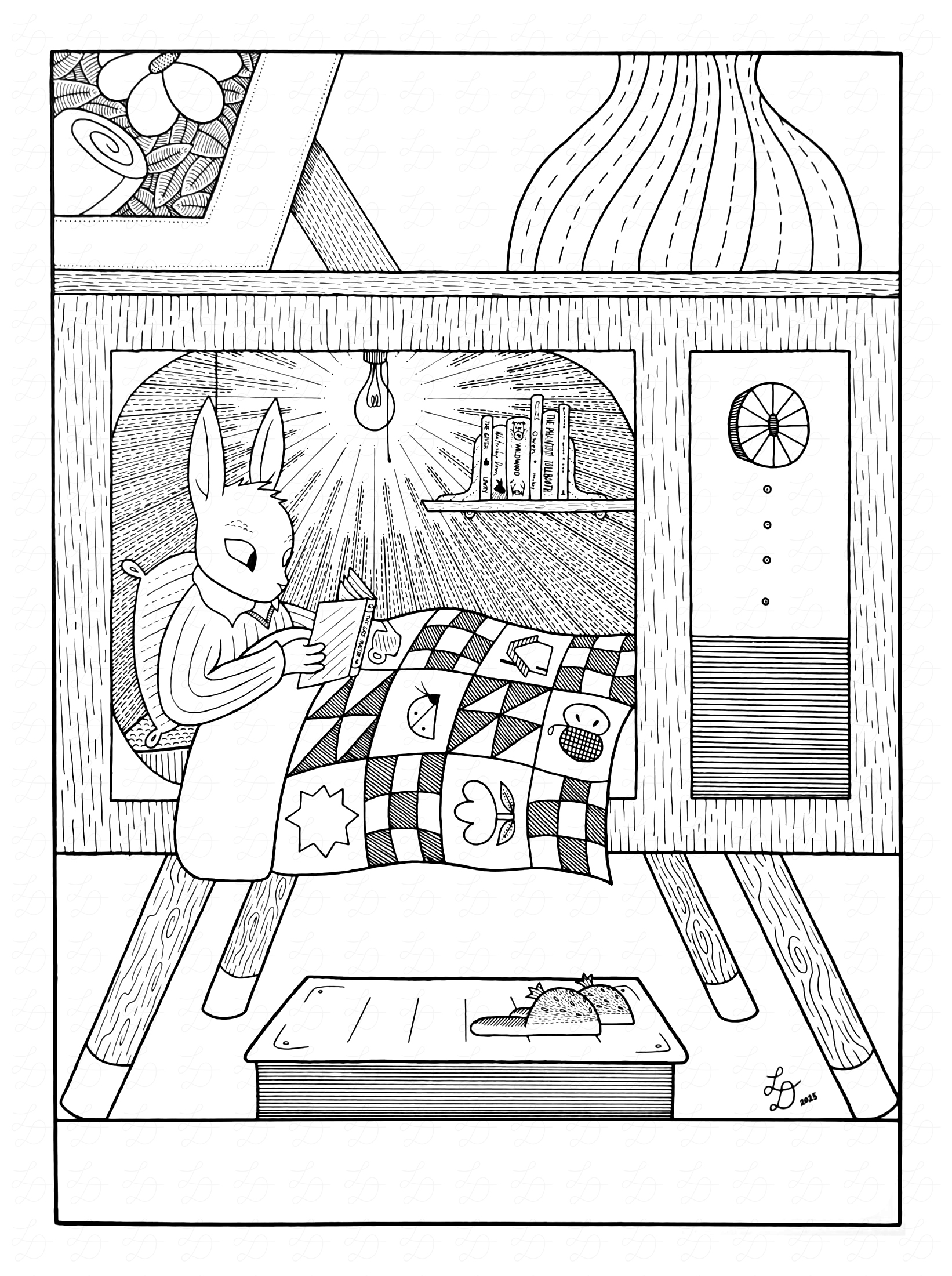 Ink drawing of a rabbit reading in a bed inside of an old CRT television.