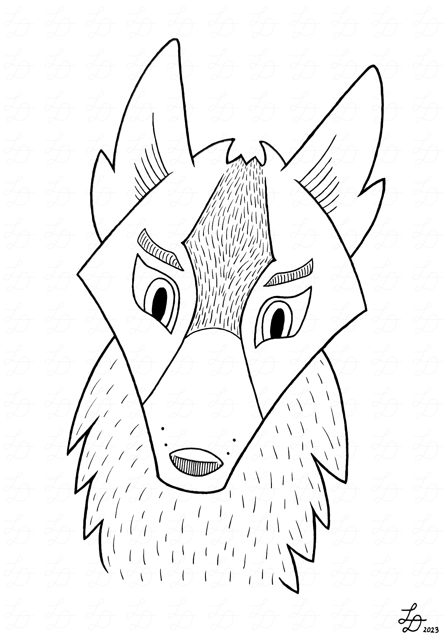 Ink drawing of a red wolf's head.