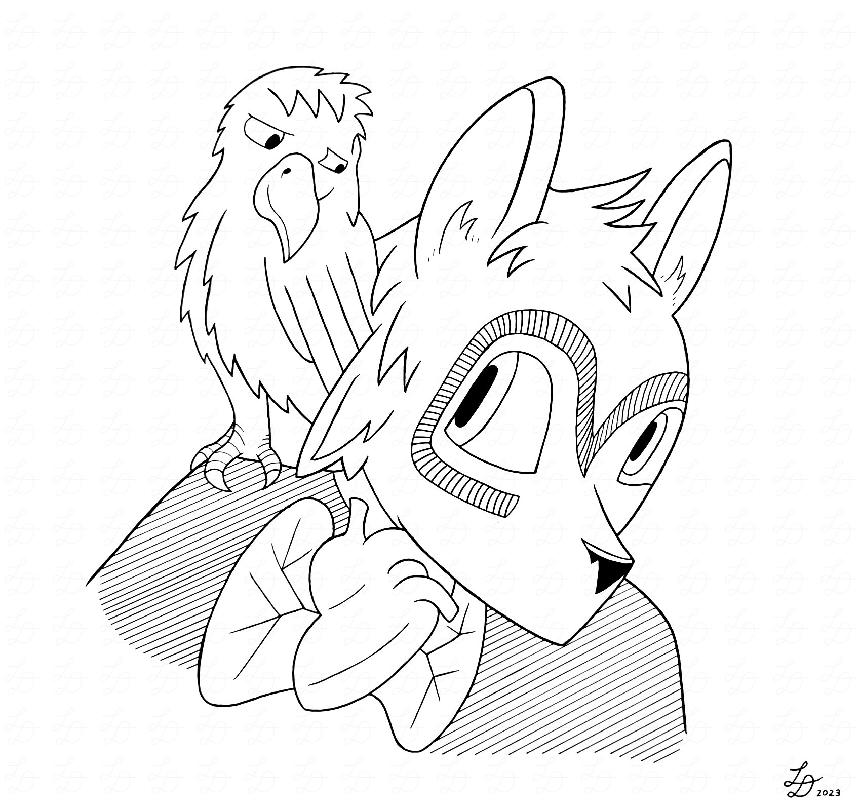 Ink drawing of canine with eagle on shoulder.