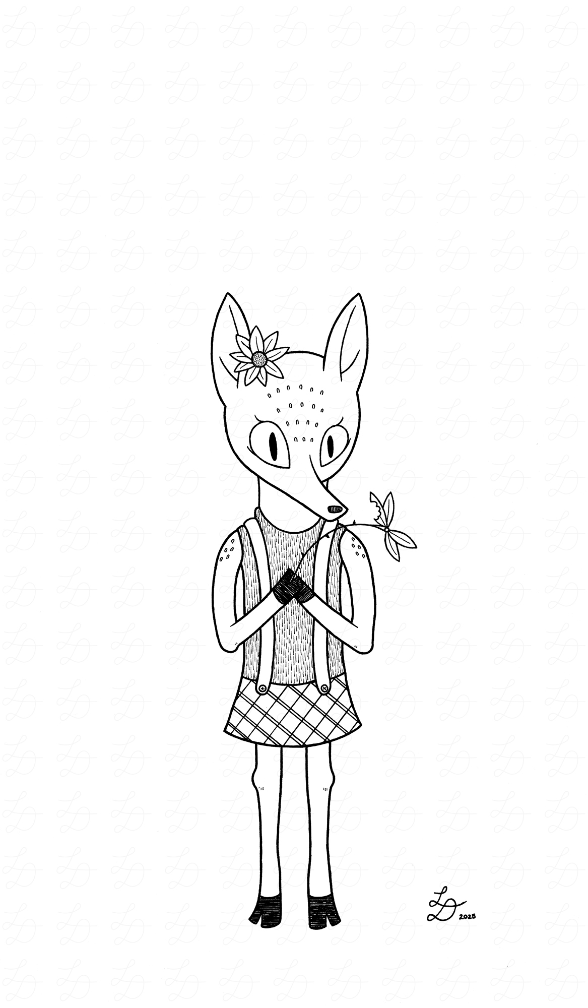 Ink drawing of a young doe holding a half-eaten flower.
