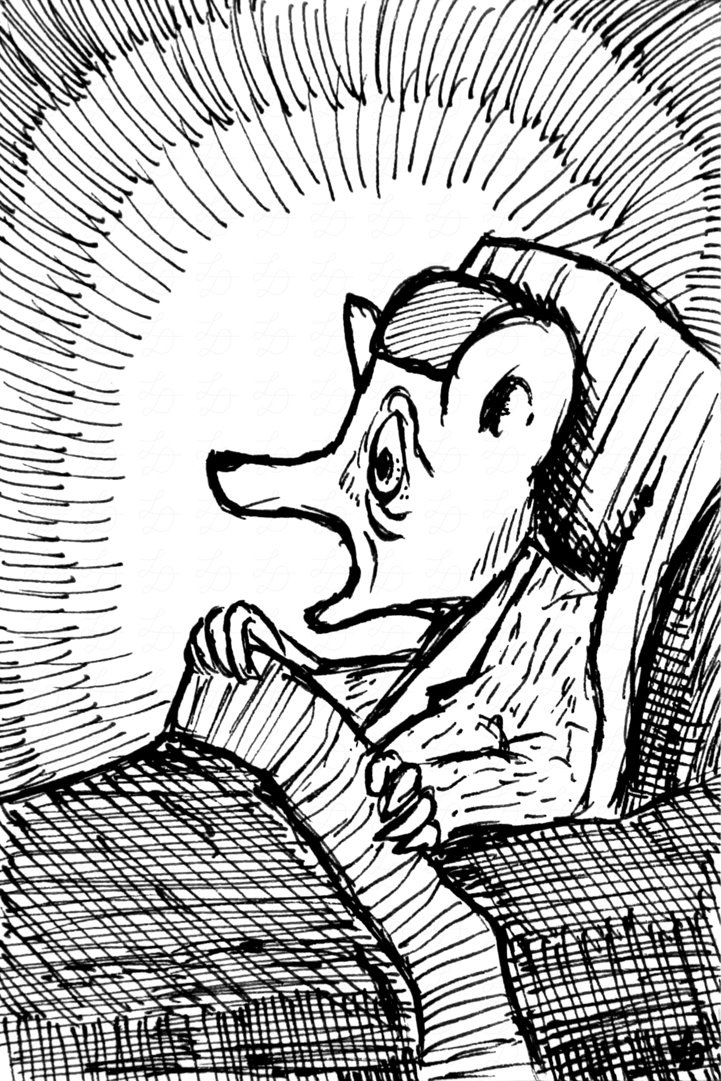 Ink drawing of mouse waking up and screaming.