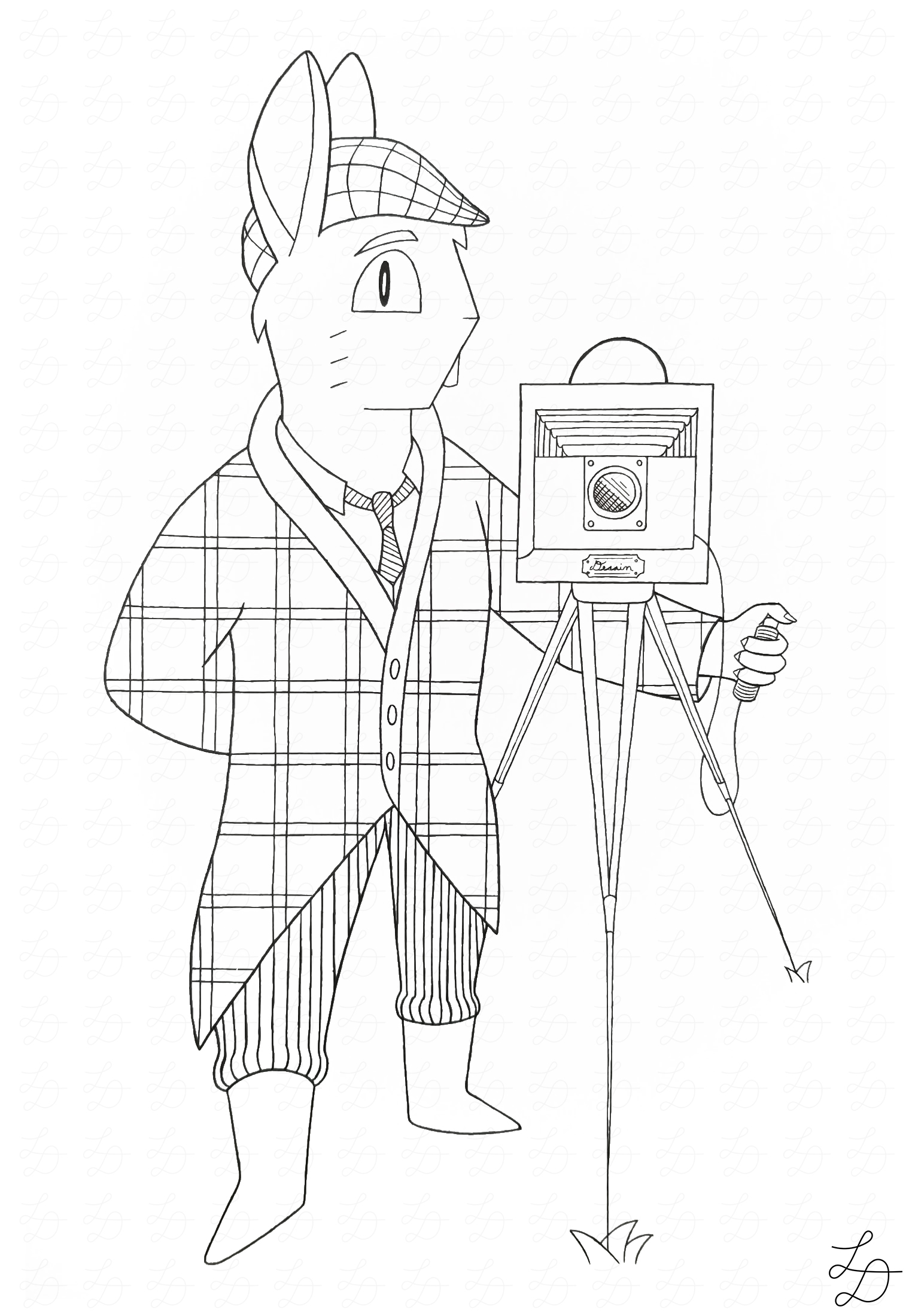 Ink drawing of a rabbit with a tripod camera.