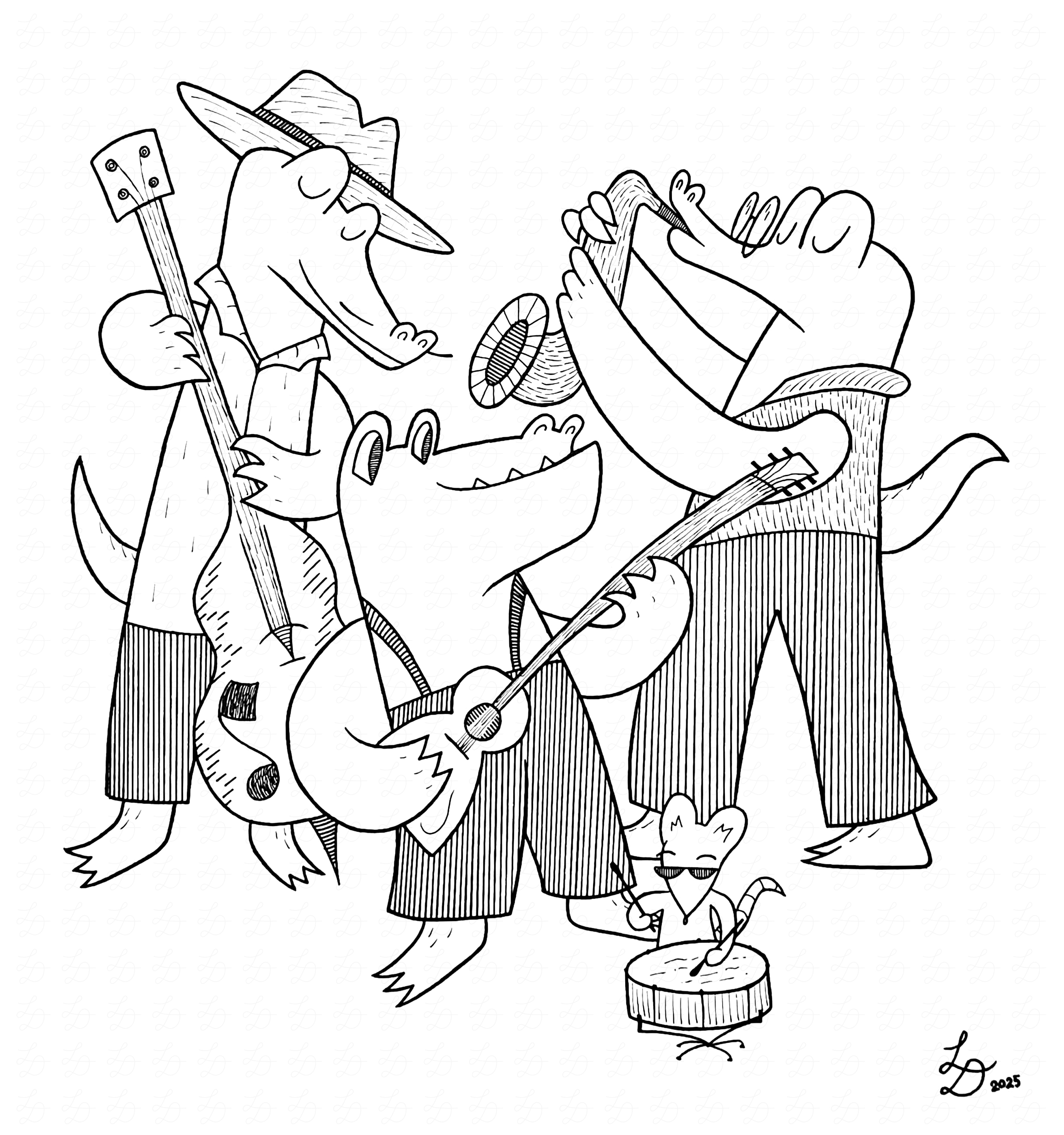 Ink drawing of three crocodiles and a sunglasses-wearing mouse playing musical instruments.