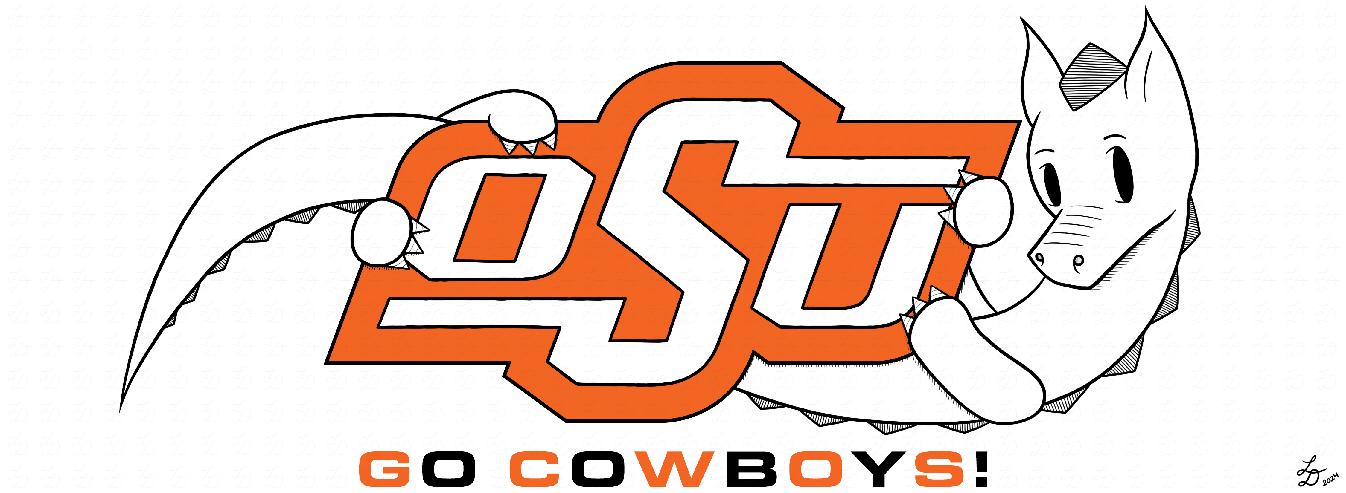 Illustration of a tiny dragon hanging off of the Oklahoma State University logo.