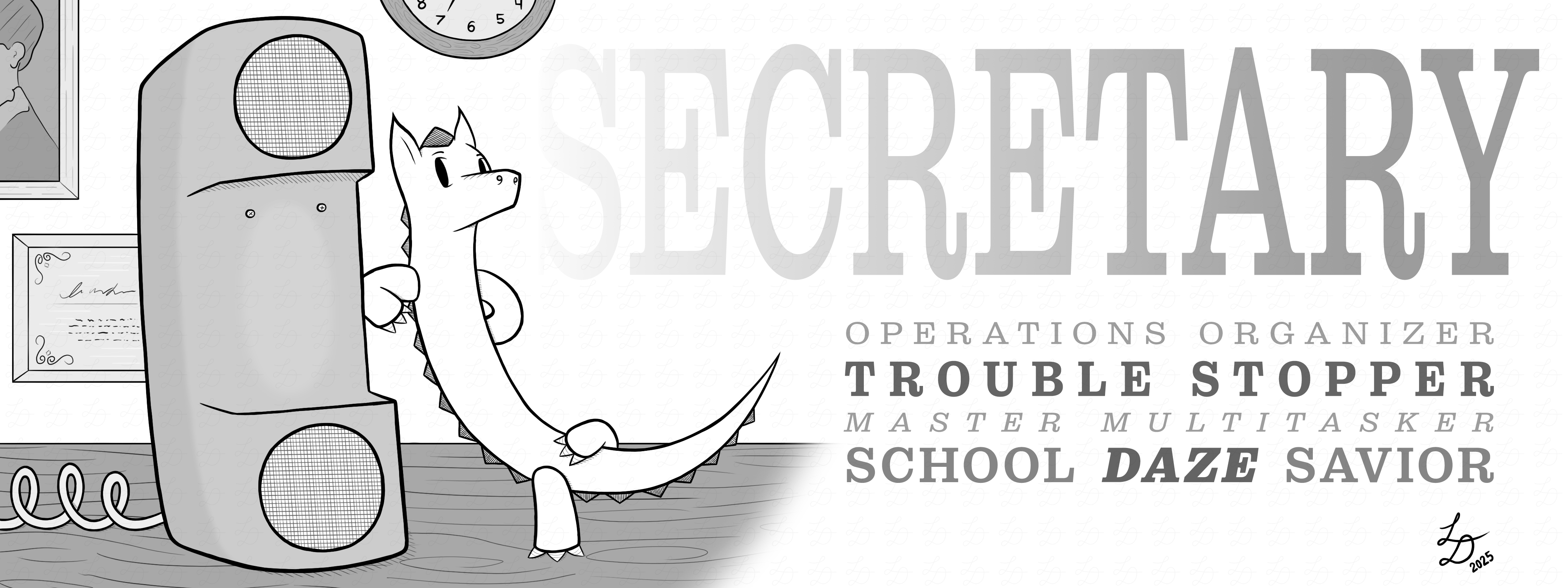 Illustration of a tiny dragon leaning against a intercom handset.