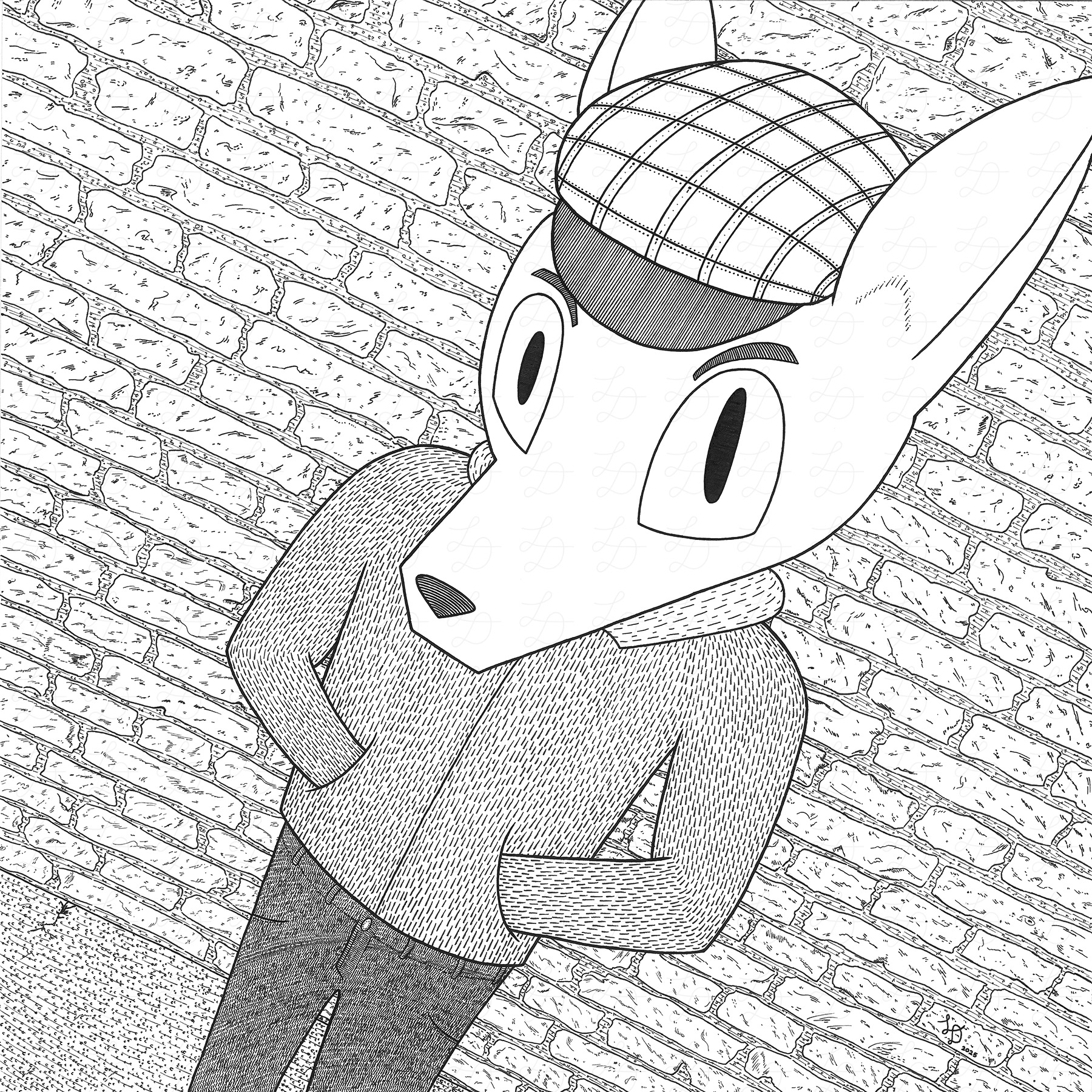 Ink drawing of a buck deer with newsboy cap standing against a brick wall.