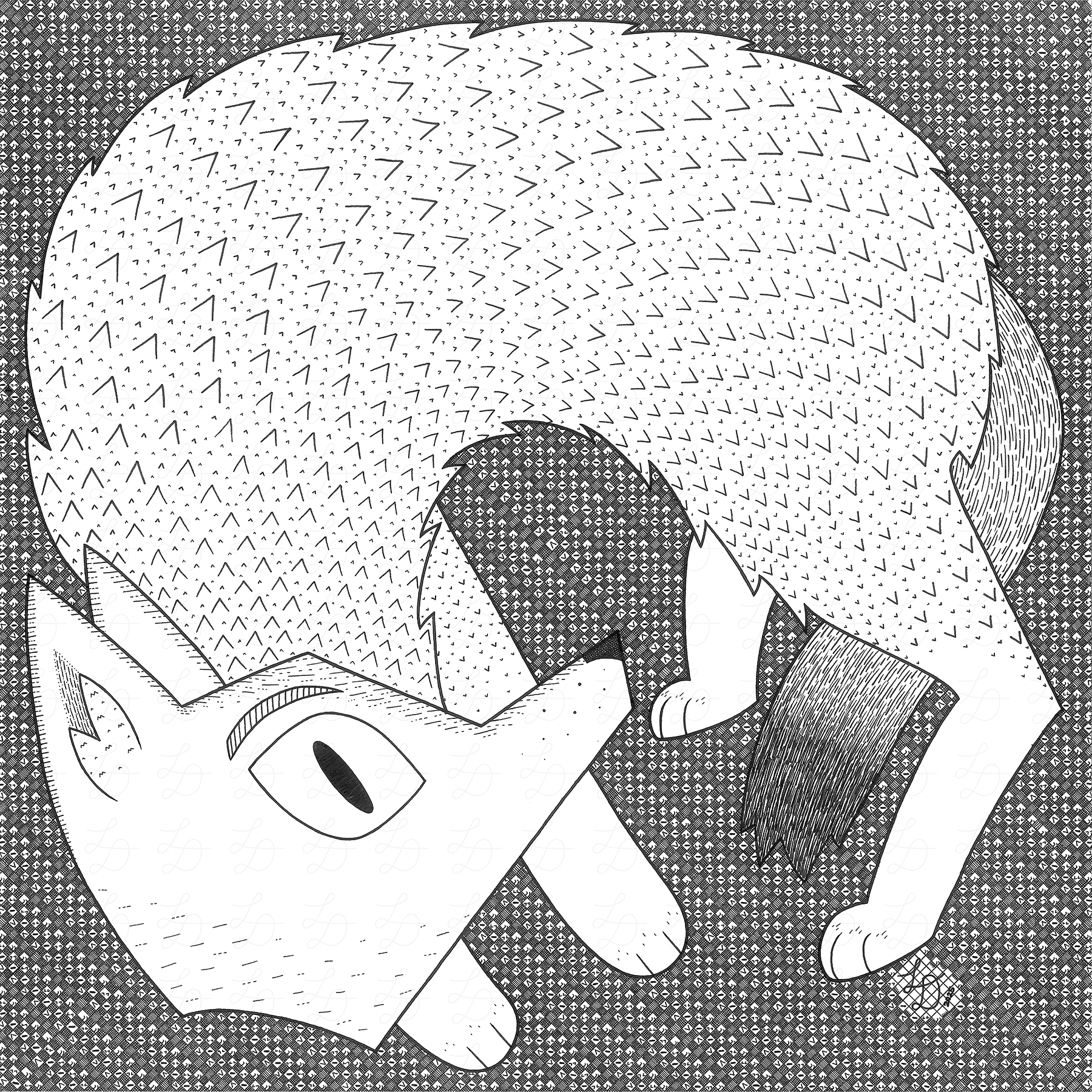 Ink drawing of a red wolf twisted inside of the tight confines of the edges of the page.