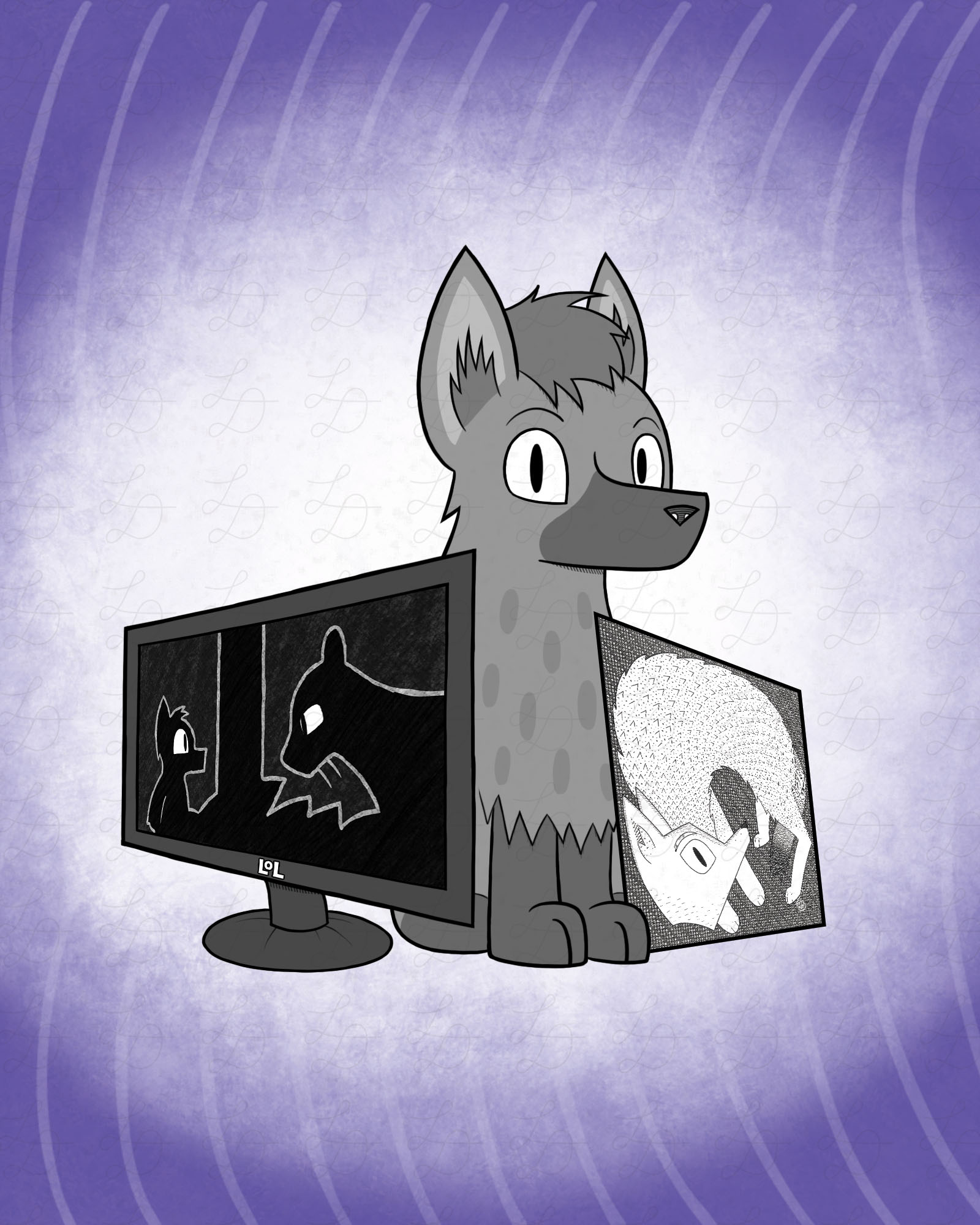 Image of a hyena standing beside a monitor and an ink drawing of a wolf.
