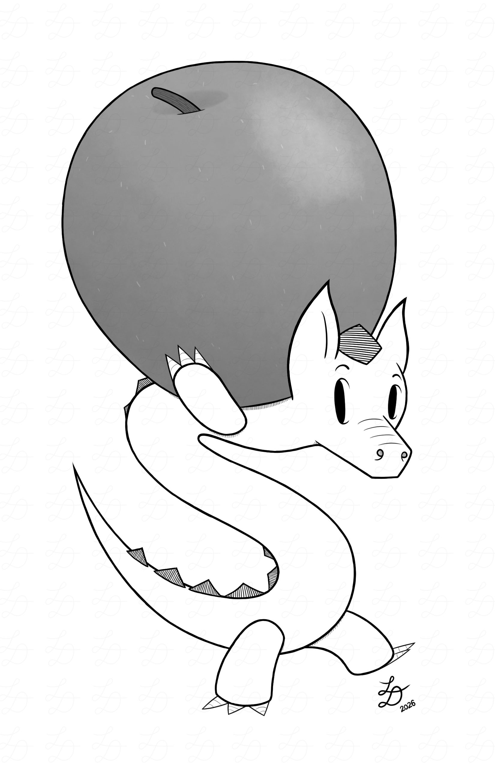 Illustration of a tiny dragon carrying an apple almost like Atlas carrying the world (if Atlas was having fun doing that).