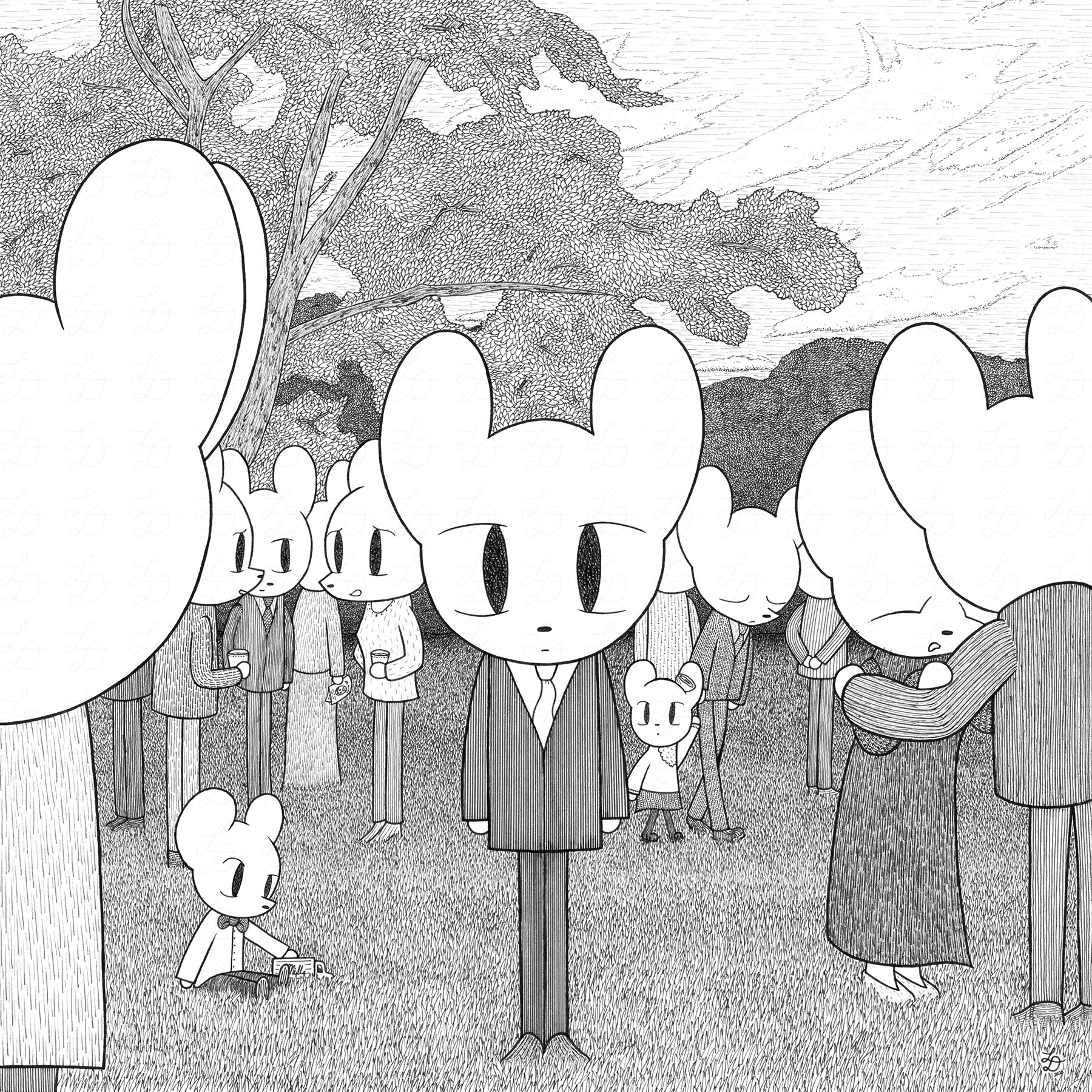 Ink drawing of a mouse funeral, some people smiling, some crying, and one staring right at the viewer, emotionless.
